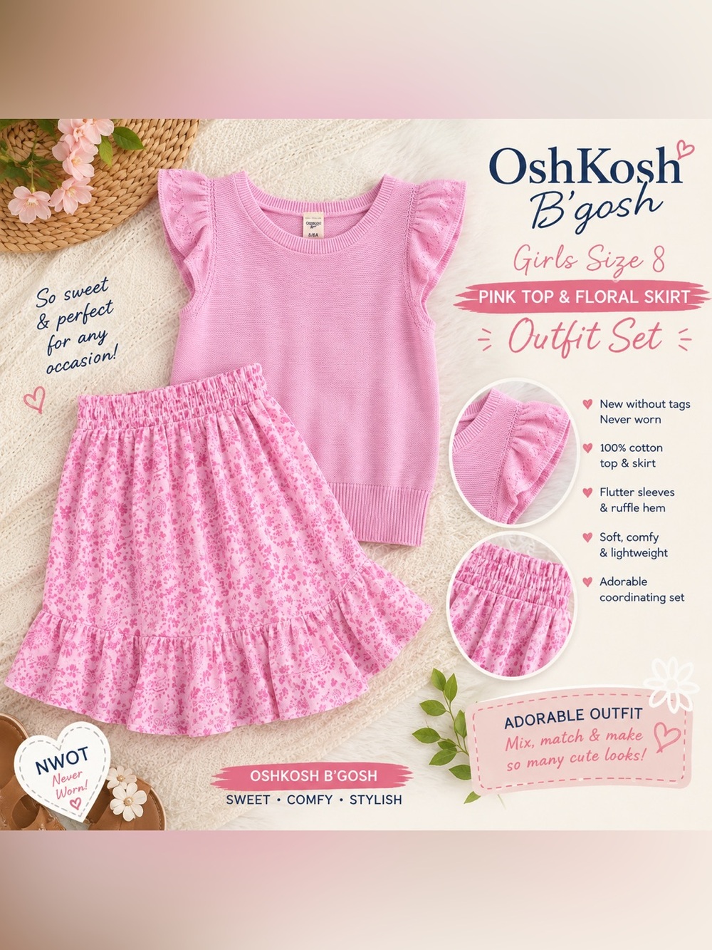 OshKosh B’gosh Girls Size 8 Pink Top & Floral Ruffle Skirt Outfit NWOT